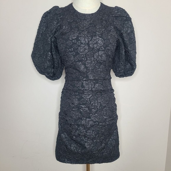 GANNI Stretch Jacquard Puff Sleeves Mini Dress Black Size 34 XS